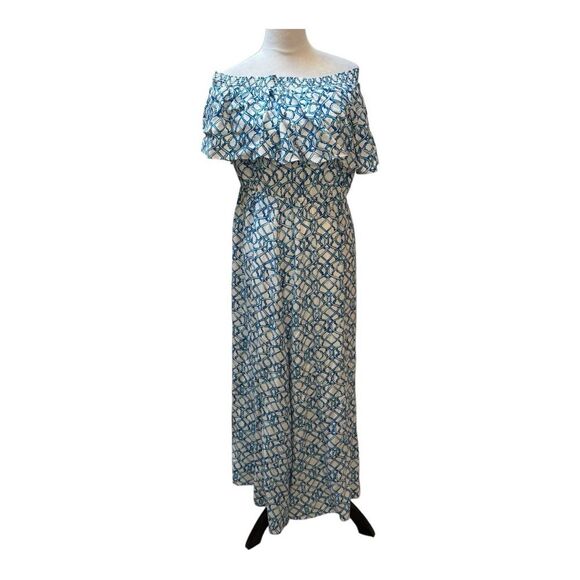 Chico's Blue and White Geo Print Off-Shoulder Blouson Maxi Dress Size 1 (8) - Picture 1 of 8